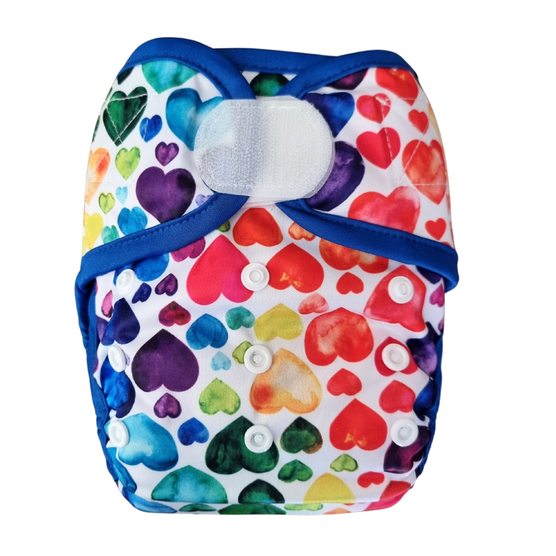 Basic Double Gusset Nappy Covers - Blue Rainbow Hearts